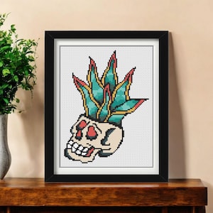 Skull Planter Cross Stitch Pattern PDF - Subversive Tattoo Snake Plant Embroidery Design - Instant Download