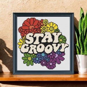 Stay Groovy Cross Stitch Pattern - Retro 70s Embroidery Design - Peace Sign Hippie PDF - Funky DIY Needlepoint Decor