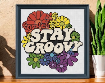 Bleib Groovy Kreuzstichmuster - Retro 70er Jahre Stickdatei - Peace Zeichen Hippie PDF - Funky DIY Nadelspitze Dekor