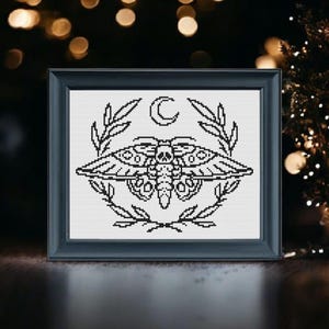 Death’s Head Moth Cross Stitch Pattern | Gothic Blackwork Embroidery PDF | Moon & Laurel Tattoo Style Stitch Design