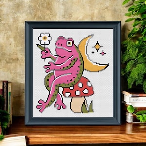Toad Stool Cross Stitch Pattern PDF - Tattoo Frog Mushroom Embroidery Design - Instant Digital Download