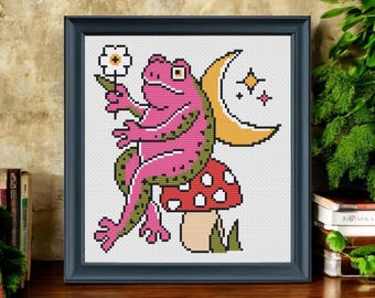 Kröte Hocker Kreuzstich Muster PDF - Tattoo Frosch Pilz Stickerei Design - Sofortiger digitaler Download