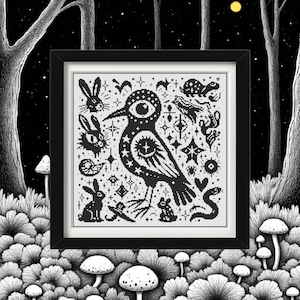 May include: Black and white framed cross-stitch art featuring a stylized bird with star and eye details, surrounded by rabbits, stars, and other whimsical elements. The artwork is set against a forest scene with mushrooms.