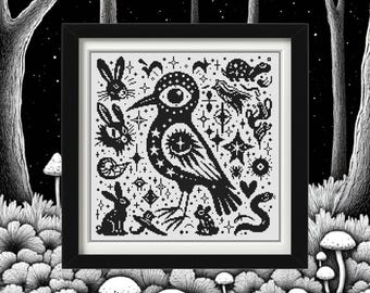 May include: Black and white framed cross-stitch art featuring a stylized bird with star and eye details, surrounded by rabbits, stars, and other whimsical elements. The artwork is set against a forest scene with mushrooms.