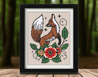 Tattoo Fox Cross Stitch Pattern PDF - Pretty Spring Animal Embroidery Design - Instant Download