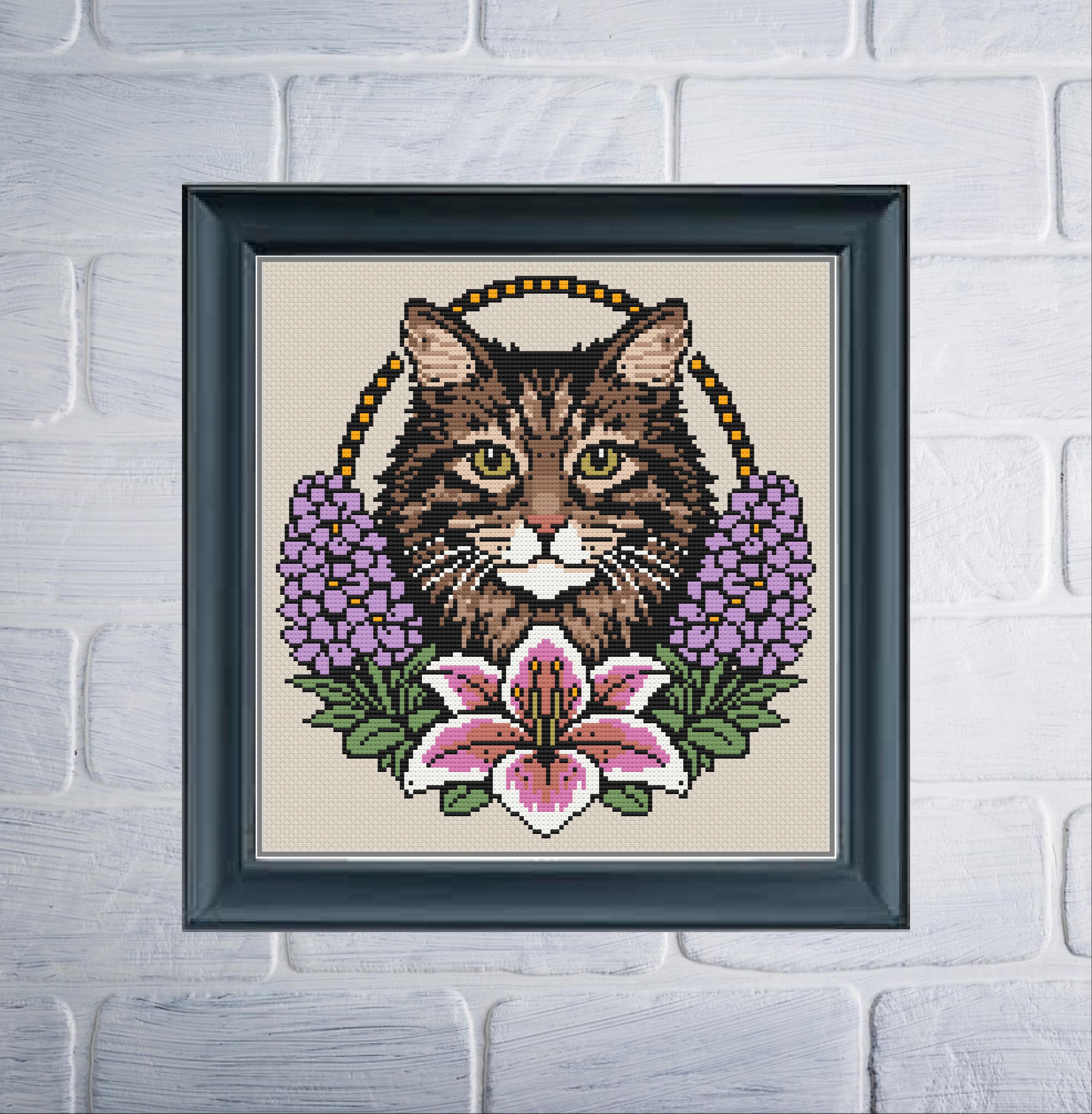 Fluffy Tabby Cat Cross Stitch Pattern PDF | Floral Cat Portrait ...