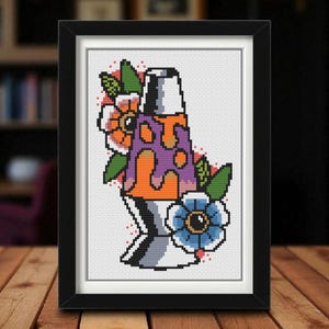 Lava Lamp Cross Stitch Pattern - Tattoo Cross Stitch PDF - 70s Flower Child Embroidery Design - Groovy Decor Craft Instant Download