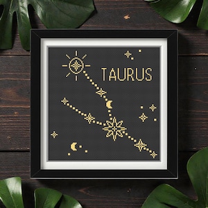Modèle de point de croix constellation du Taureau PDF | Conception de signe astrologique du zodiaque | Téléchargement instantané