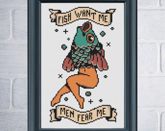 PATTERN Fish Want Me Men Fear Me Cross Stitch Pattern - Tattoo Cross Stitch Pattern - Fish Cross Stitch - Funny Cross Stitch Pattern