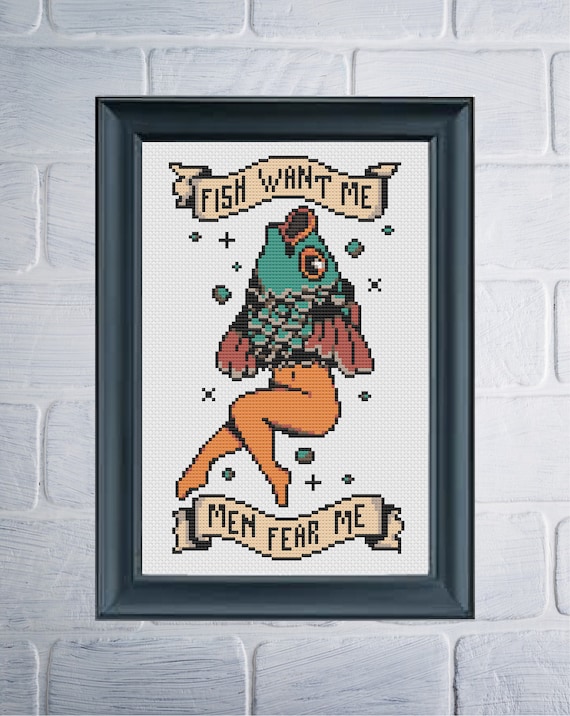 PATTERN Fish Want Me Men Fear Me Cross Stitch Pattern Tattoo Cross