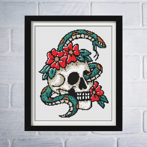 PATTERN Tattoo Skull Snake Cross Stitch Pattern - Modern Cross Stitch - Tattoo Cross Stitch - Subversive Cross Stitch - Goth Cross Stitch