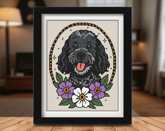 Blue Merle Cockapoo Tattoo Cross Stitch Pattern PDF – Doodle Dog Embroidery – Modern Pet Needlework Design - Instant Download