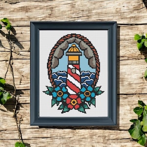 Padrão de ponto cruz para tatuagem de farol – Bordado náutico em PDF – Design tradicional inspirado em tatuagem