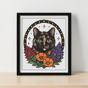 Tortoiseshell Cat Cross Stitch Pattern PDF | Tattoo-Inspired Wildflower Design | Instant Download