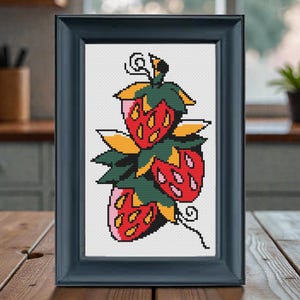 Patrón de punto de cruz de fresa dulce – Bordado de frutas subversivo en PDF – Diseño inspirado en tatuajes – Descarga instantánea