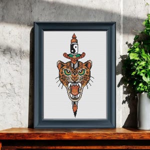 Leopard Dagger Kreuzstich Muster PDF | Traditionelles Tattoo Flash Kreuzstich | Fierce Cat Handarbeiten - Instant Digital Download