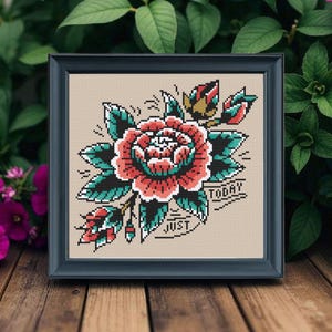 Just Today Peony Cross Stitch Pattern PDF – Recovery & Sobriety Embroidery Craft – Subversive Floral Needlework Design - Instant Download