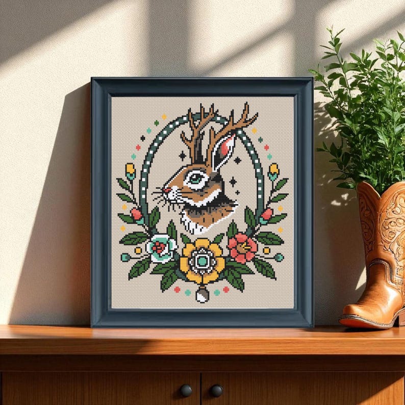 Framed cross stitch artwork of a jackalope with antlers surrounded by colorful traditional tattoo-style flowers and leaves, displayed on a wooden shelf beside a cowboy boot and plant.