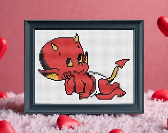 Wzór haftu krzyżykowego "Tattoo Lil Devil" w formacie PDF - Subwersywny, tradycyjny wzór haftu walentynkowego - do pobrania natychmiast