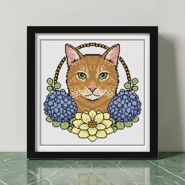 Orange Cat Cross Stitch Pattern PDF | Hydrangea Floral Design | Instant Download
