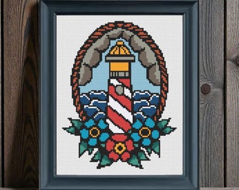 Tattoo Lighthouse Cross Stitch Pattern PDF – Nautical Embroidery Decor – Traditional Tattoo-Inspired Design
