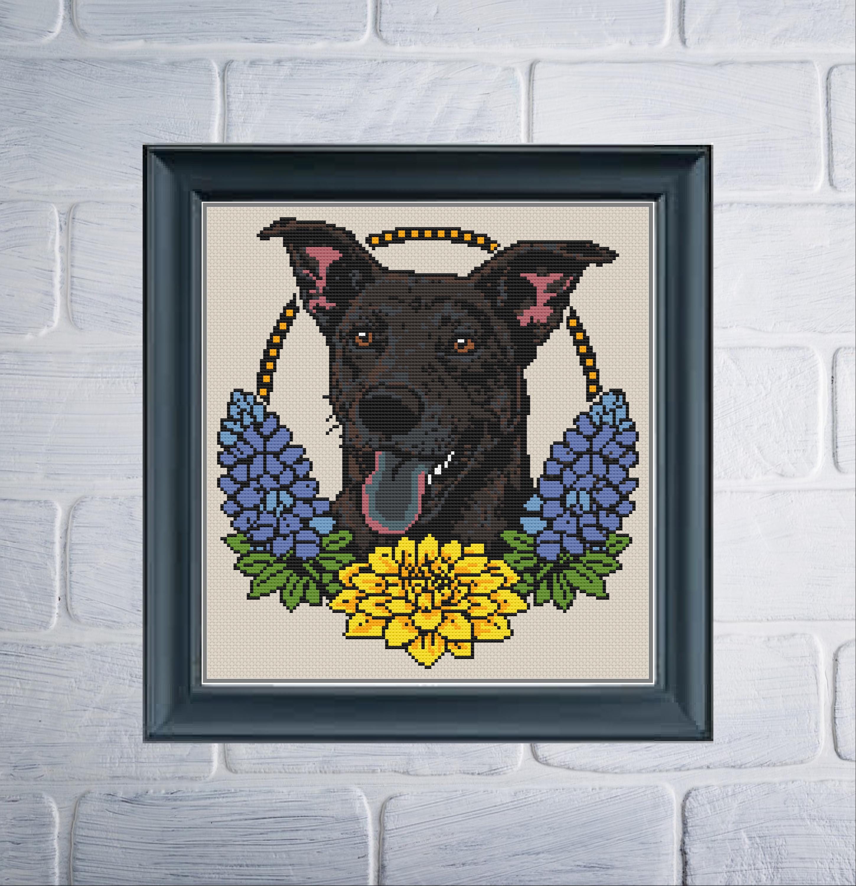 Dark Brindle Dog Cross Stitch Pattern PDF | Floral Pet Portrait Pattern ...