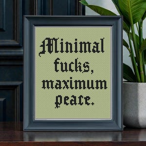 May include: Framed cross-stitch art with the text "Minimal fucks, maximum peace" in black on a light green background. The frame is dark gray and sits on a dark brown surface. A potted plant is visible in the background.
