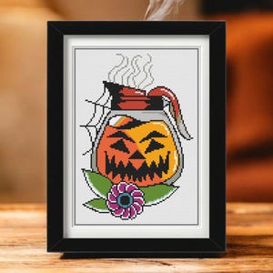 Gruseliger Kürbis Kreuzstich Anleitung PDF - Halloween Kaffee Stickdesign - Tattoo Inspirierte Handarbeiten - Sofort Download