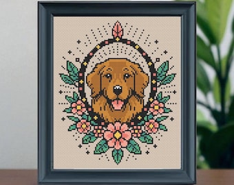 Golden retriever-kruissteekpatroon pdf | Gebloemd hondenportret | Direct downloaden