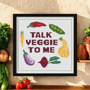 Funny Vegetable Cross Stitch Pattern – &#39;Talk Veggie To Me&#39; – Modern Garden Decor – DIY Embroidery PDF – Gift for Gardeners
