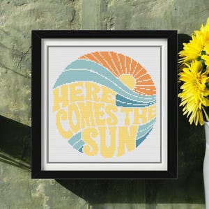 Here Comes the Sun Cross Stitch Pattern PDF – Retro 70s Sunshine Embroidery – Modern Boho Cross Stitch Design