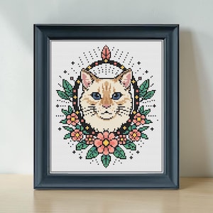 Flamepoint Cat Cross Stitch Pattern PDF | Tattoo Style Floral Pattern | Instant Digital Download