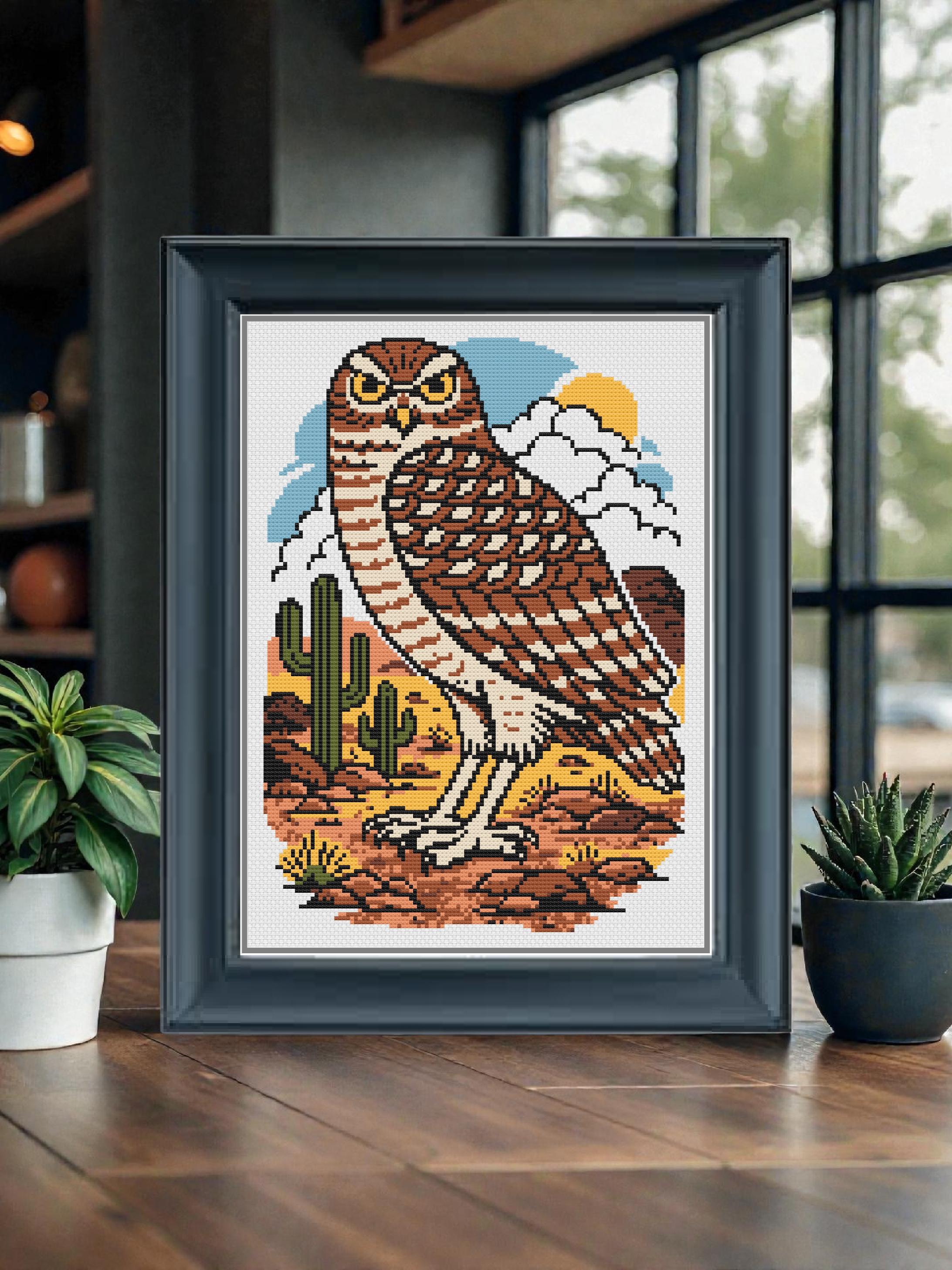 Burrowing Owl Cross Stitch Pattern PDF &ndash; Desert Owl Wall Art - Nature Bird Design - Instant Di