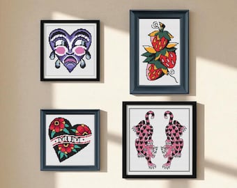 Tattoo Flash Kreuzstich Muster Bundle PDF | 4 Designs | Weinendes Herz, Erdbeere, Mama Herz & Leopard