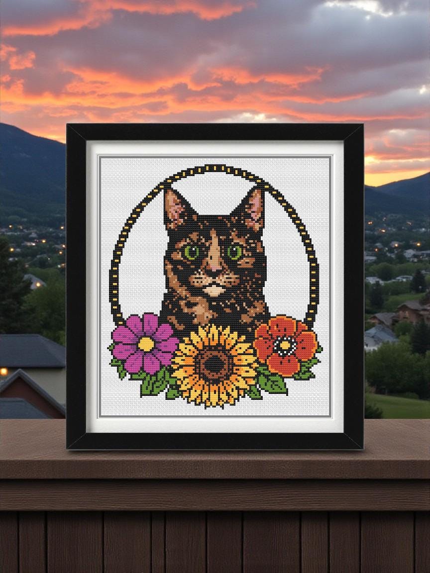 Tortoiseshell Cat Cross Stitch Pattern PDF – Tattoo-inspired Cat Floral ...