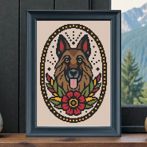 German Shepherd Tattoo Cross Stitch Pattern PDF – Police and Guard Dog Embroidery – Modern Pet Needlework Design - Instant Download