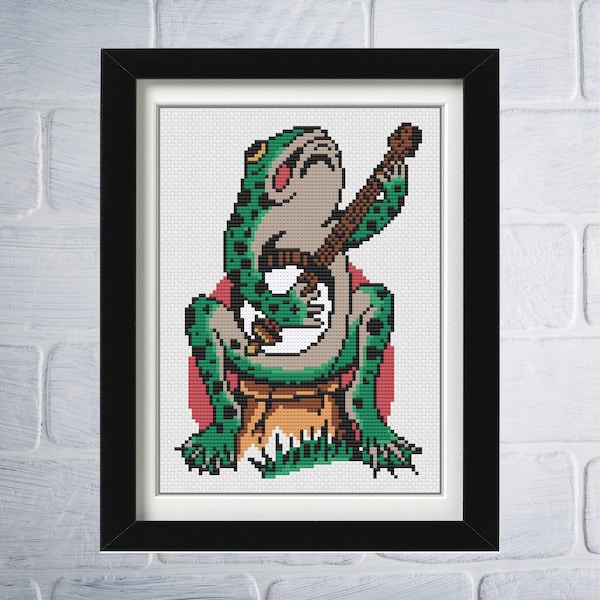 PATTERN Banjo Frog Cross Stitch Pattern - Tattoo Cross Stitch Pattern - Banjo Cross Stitch -Subversive Cross Stitch - Funny Cross Stitch