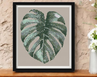 Monstera Leaf Cross Stitch Pattern PDF – Modern Houseplant Embroidery – Botanical Jungle Plant Needlework – Greenery Decor Craft