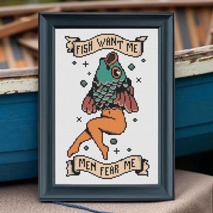 Fish Want Me Men Fear Me Cross Stitch Pattern PDF | Funny Tattoo Style Pattern | Instant Download