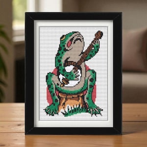 Schema per punto croce Banjo Frog in PDF / Divertente disegno in stile tatuaggio / Download immediato