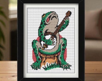 Banjo Frog Cross Stitch Pattern PDF | Funny Tattoo Style Design | Instant Download