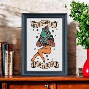 Fish Want Me Men Fear Me Cross Stitch Pattern PDF – Tattoo-Inspired Funny Embroidery – Subversive Needlework Design - Instant Download