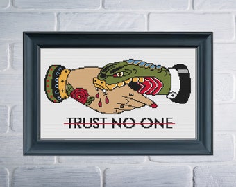 PATTERN Trust No One Cross Stitch Pattern - Tattoo Cross Stitch Pattern - Snake Cross Stitch - Subversive Cross Stitch - Tattoo Embroidery