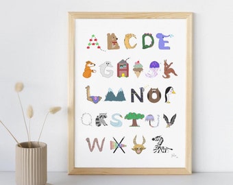 Alphabet Art Print: Illustrated ABC Poster, Nursery Decor (Digital Download)