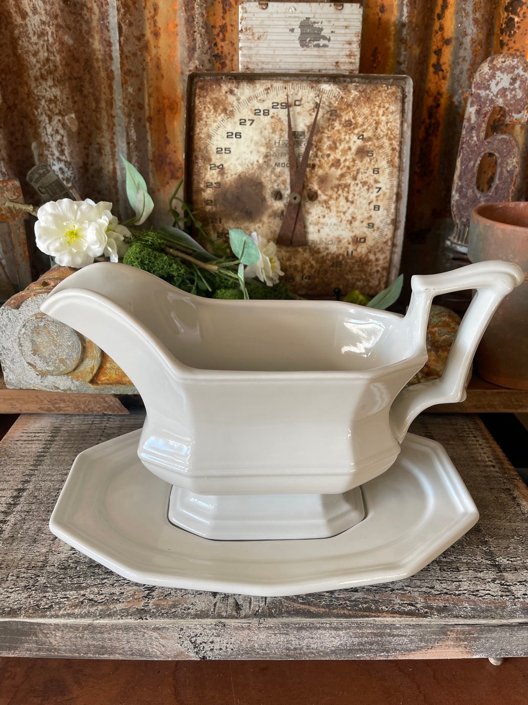 Vintage Red Cliff Ironstone Heirloom Gravy Boat W/underplate Etsy