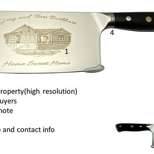 May include: A stainless steel cleaver with a black handle. The blade is engraved with a house illustration, the names "Greg and Terri Burkhart", and the phrase "Home Sweet Home". A smaller cleaver is also visible.