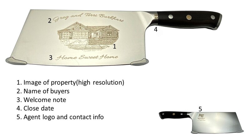 May include: A stainless steel cleaver with a black handle. The blade is engraved with a house illustration, the names "Greg and Terri Burkhart", and the phrase "Home Sweet Home". A smaller cleaver is also visible.