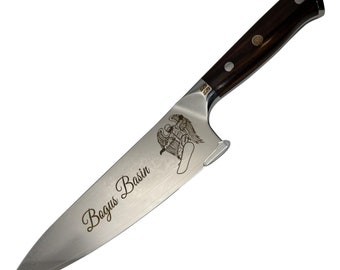 Custom Photo/Logo/Illustration Engraved 8 1/2" Chef Knife with Full Tang and Mosaic Button