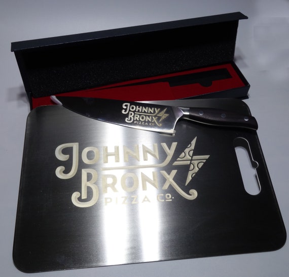 Custom Engraved Chef Knife and 17" diagonal Stainless Serving Board