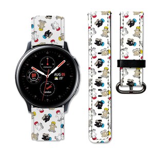 May include: A white smartwatch band with a black and white pattern of bears on skateboards. The band is compatible with Samsung Galaxy Watch 46mm smartwatches. The watch face displays the date, time, and temperature.